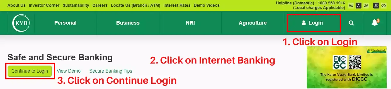 Karur Vyasya Bank Login page