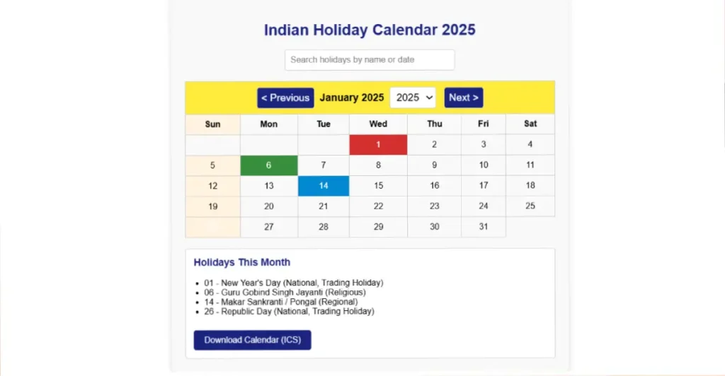 Indian Financial Holiday Calendar