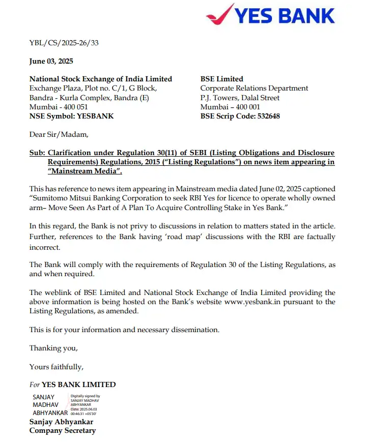 Yes, the YES Bank share price is in turmoil! 11% drop, but what is the truth? 4 Yes Bank Rumour Verification letter